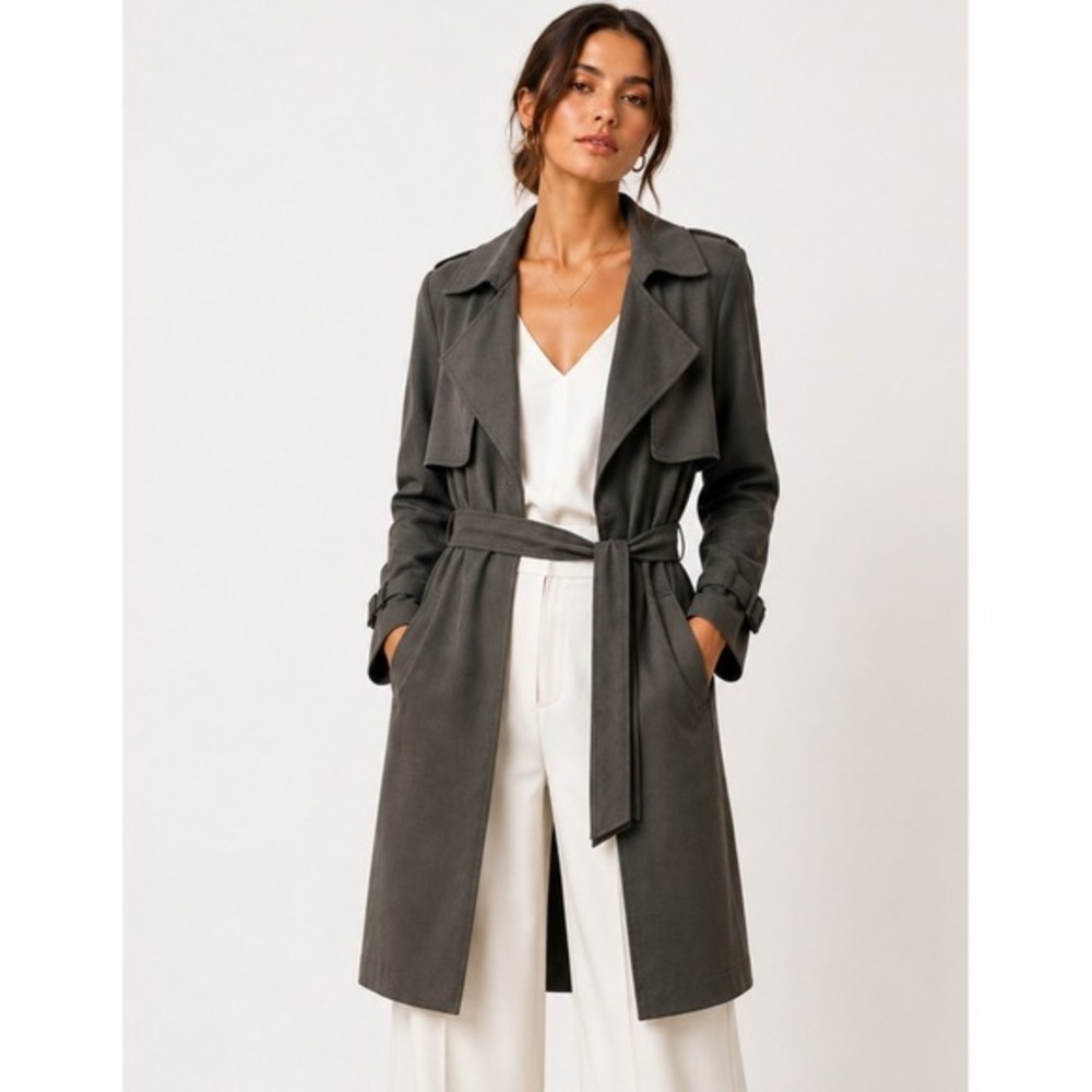 Love for Humanity Couture Belted Trench Coat Women L Gray‎ Faux Suede Open Front
